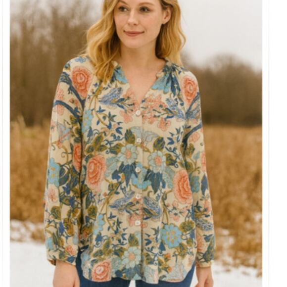 Soft Surroundings SZ L 100% Cotton Bisonette Gauze Floral Button Down Shirt - Picture 1 of 7